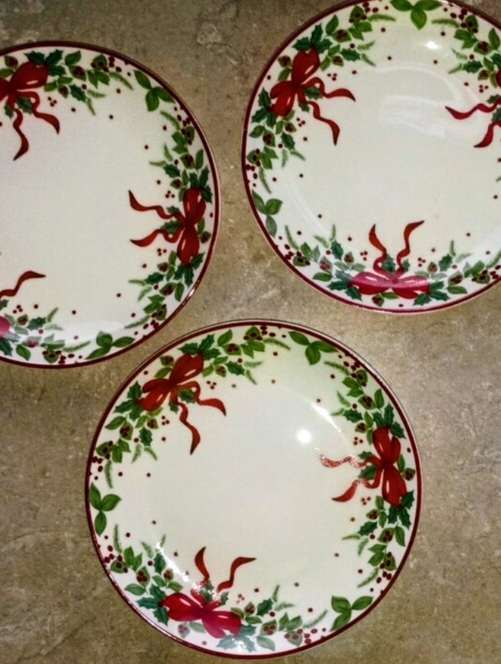 PARK CHATEAU Set of 3 tapas, trinket 6" plates Ribbon & Holly BRAND-NEW w/tag